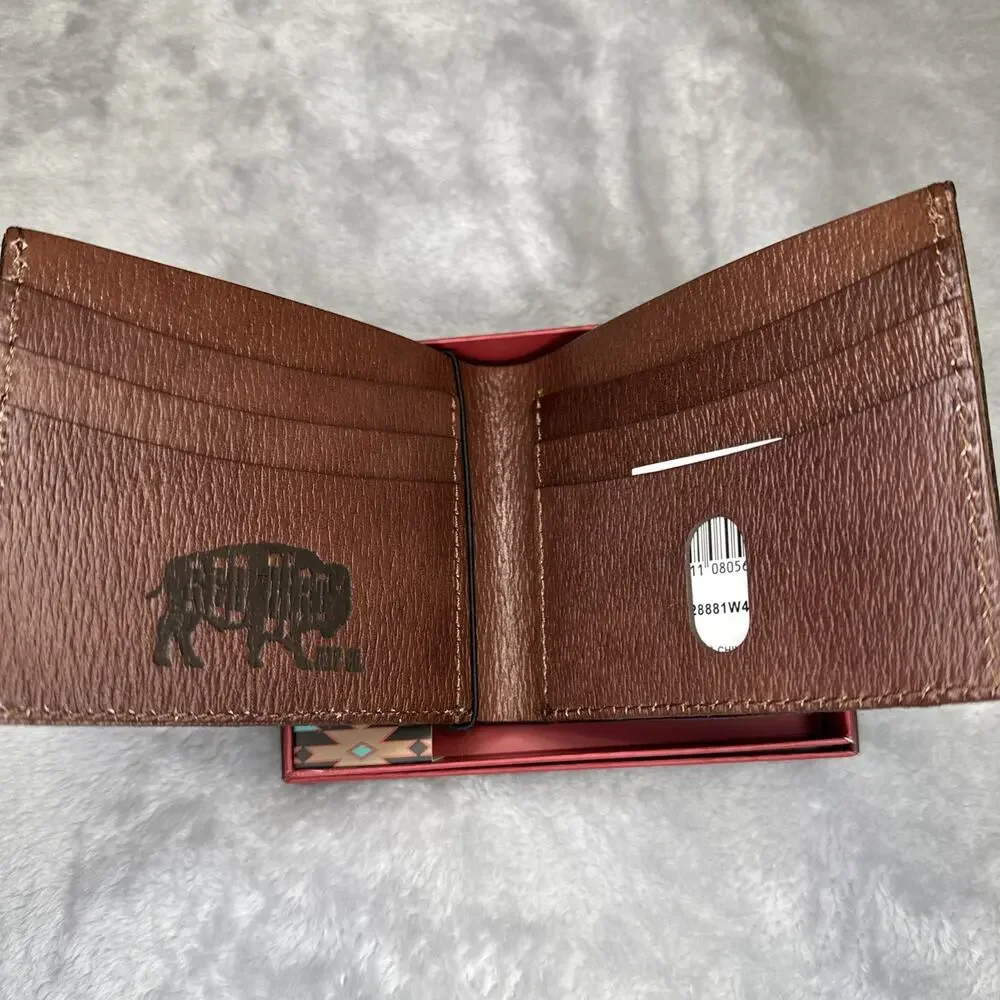 Red Dirt Hat Co Bifold‎ Wallet Leather Southwest Aztec Canvas Inlay Bison Grain